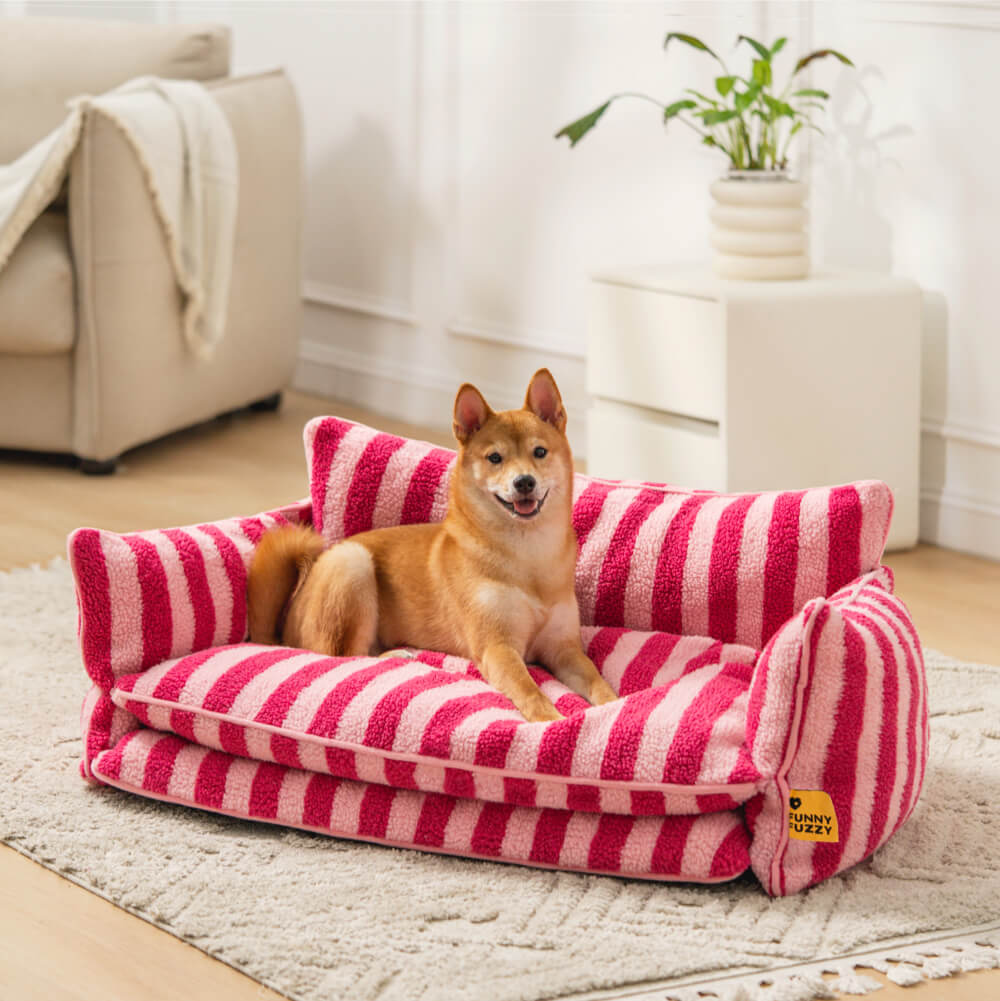 Trendy Striped Faux Lambswool Double Layer Dog & Cat Sofa Bed